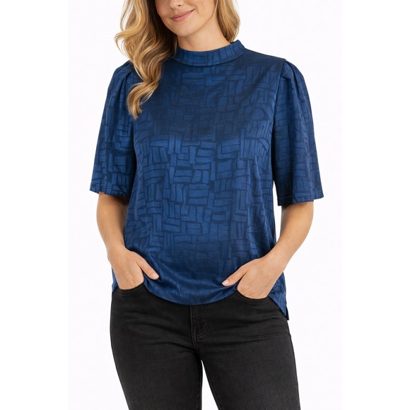 Calvin Klein Tops - Calvin Klein‎ Teal Blue Geometric Jacquard Short Sleeve Blouse High Neck Top